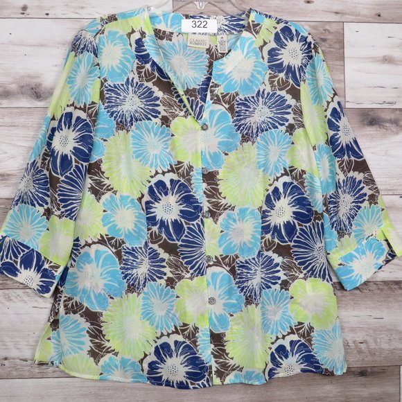 Classic Elements*Women's 3/4 Sleeve Button Down V-Neck Blouse Size 14 Multicolor - Picture 1 of 8